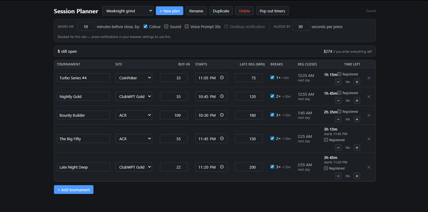 Session Planner in use